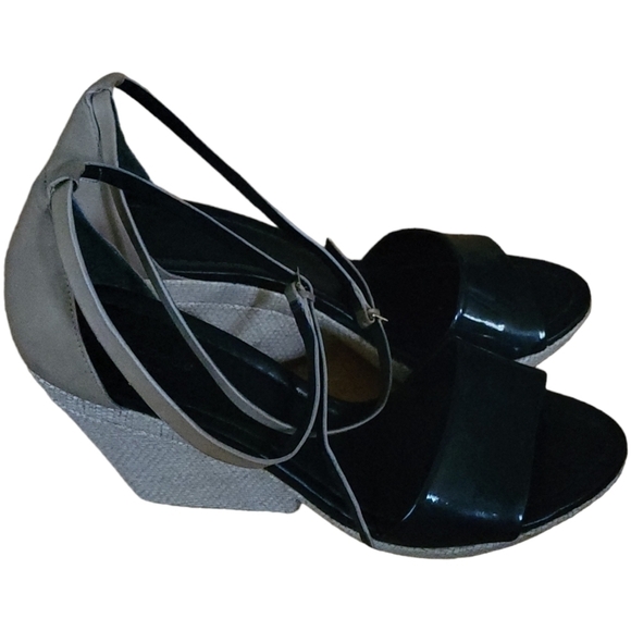 Kate Spade Farrel Patent Leather Woven Wedge Double Wrap Ankle Buckle Sandals - Picture 1 of 11